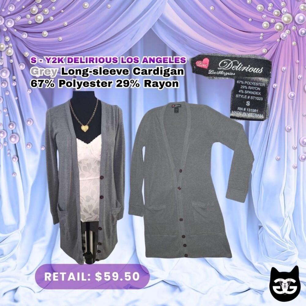 Delirious Los Angeles Grey Long Sleeve Cardigan Size S Y2K Soft Knit Pockets